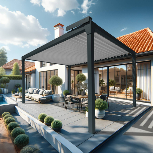 Pergola bioclimatique LUFU îlot - 3,50 x 3,99m Vérin à Télécommande Maison Cros Stores - 1 2