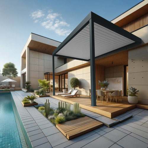 Pergola bioclimatique TRESNA perpendiculaire 4,97 x 3,00m Vérin à Télécommande Maison Cros Stores - 1 2