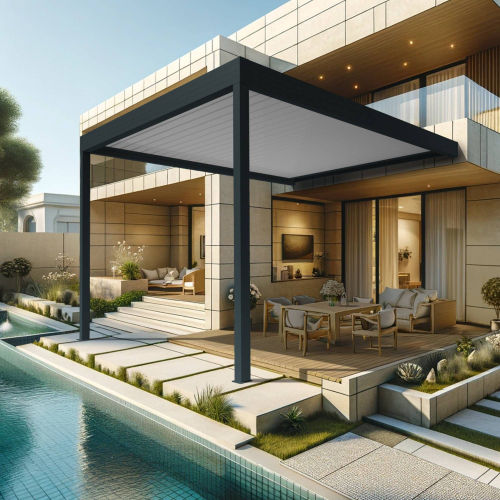 Pergola bioclimatique TRESNA 4,50 x 3,937m Vérin à Télécommande Maison Cros Stores - 1 2