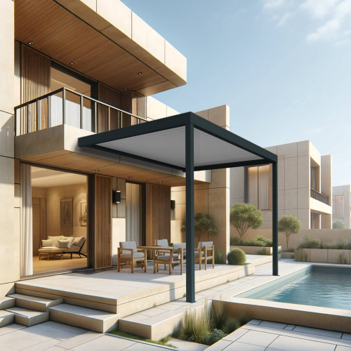 Pergola bioclimatique DASHURIA perpendiculaire 4,576 x 4,00m Vérin à Télécommande Maison Cros Stores - 1 2