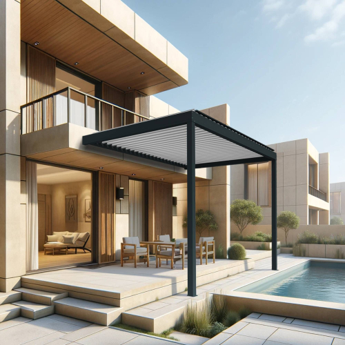 Pergola bioclimatique DASHURIA perpendiculaire 4,051 x 4,00m Vérin à Télécommande Maison Cros Stores - 1