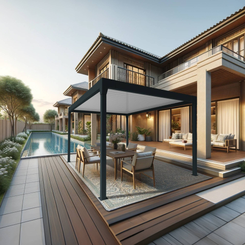 Pergola bioclimatique DASHURIA îlot 3,50 x 3,538m Vérin à Télécommande Maison Cros Stores - 1 2