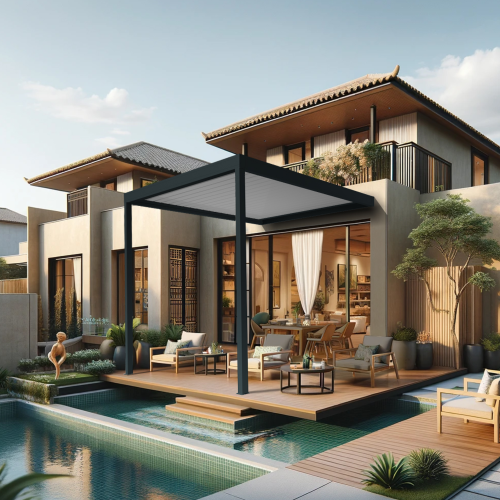 Pergola bioclimatique DASHURIA 3,50 x 3,563m Vérin à Télécommande Maison Cros Stores - 1 2